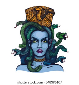 Vector color mythology Medusa Gorgon woman head with snakes Illustration on White Background