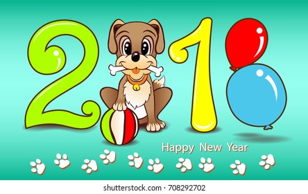 Vector color numbers 2018, Happy new year 2018 text design, Dog play ball replace of zero and balloon instead of number eight.