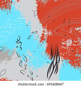 Vector color orange blue line strokes illustration. Artistic dry splash illustration. Grunge paint abstract art. Cloth texture