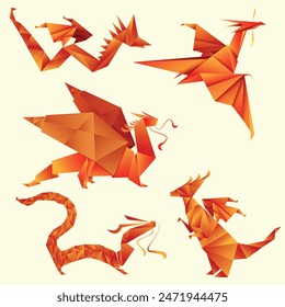 Vector Color Origami Dragon set vector Dark Background