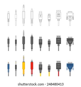 Vector color outline various audio connectors and inputs set