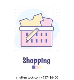 Vector color outlined flat icon of shopping cart basket full of t-shirt clothing. Retail and commerce symbol  for web and mobile design