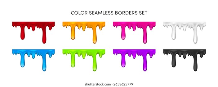 Vector Color Paint Drips Seamless Border set. Fondo de pintura goteante rojo, naranja, rosa, azul, verde, negro y blanco. Líquido que fluye hacia abajo manchas brillantes, salpicar elemento de diseño 3D realista, decoración.