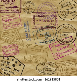 vector color passport stamps - travel theme background