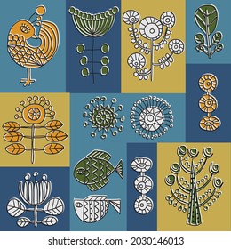 Vector color pattern with animals and flowers in nordic style