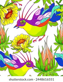 Vector color pattern, background with birds, forget-me-nots, chamomile, peony, calendula, tropical plant, bud.