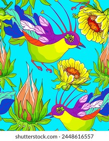 Vector color pattern, background with birds, forget-me-nots, chamomile, peony, calendula, tropical plant, bud.