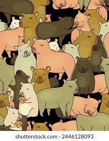 Vector color pattern, background, doodle with capybara animals in different poses. Cute pet characters