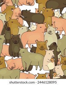 Vector color pattern, background, doodle with capybara animals in different poses. Cute pet characters