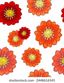 Vector color pattern, background with forget-me-nots, chamomile, peony, calendula, tropical plant, bud.