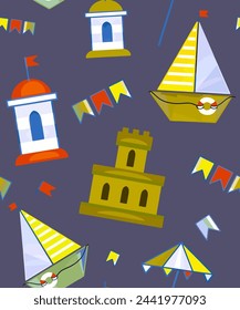 Vector color pattern, background with marine art. Ship, sea castle, sailboat, boat, sand castle, flags and beacons