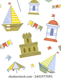 Vector color pattern, background with marine art. Ship, sea castle, sailboat, boat, sand castle, flags and beacons
