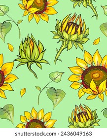 Vector color pattern, background with sunflowers. Wallpaper, fabric, paper, boho decor
