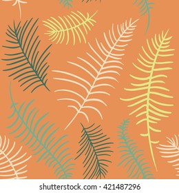 Vector color pattern of the beige, green, yellow palm leaves on the orange background. Vector color hand drawn illustration of the tropical palm leaves.