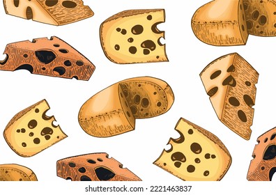 Vector color pattern with cheese, stylish food cover for fabric, postcards, wallpapers,graphical vector illustration. Dairy product and menu background design	