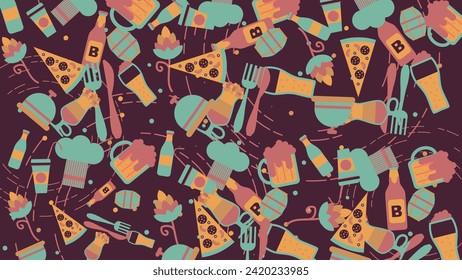 Vector color pattern consisting of chef's cooking icons, beer and wine bottles. Vector banner