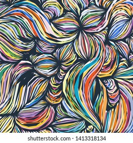 Vector color pattern, curved lines, colorful grunge background. Abstract dynamical rippled surface, illusion of movement, curvature, stone texture