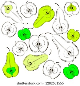 
Vector color pattern of fruits on a white background. Apples and pears on the pattern. Linear fruit pattern.