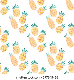 Vector color pattern with hand drawn doodle pineapple. Fruits with ornaments. Seamless. On white background.