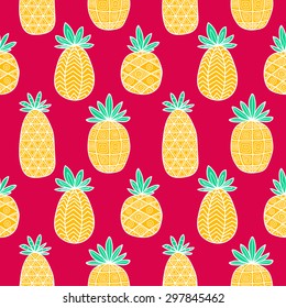 Vector color pattern with hand drawn doodle pineapple. Fruits with ornaments. Seamless. On red background.