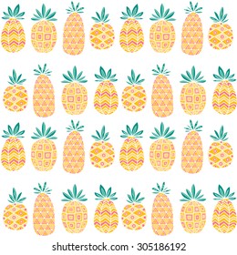 Vector color pattern with hand drawn doodle pineapple. Fruits with ornaments.