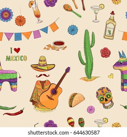 Vector color pattern I love Mexico. Colored elements of the Mexican party, traditional decorations and symbols of the country.