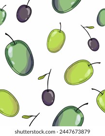 Vector color pattern with olives, different shades of green, healthy food, olive oil, postcard, art, design for T-shirts and accessories