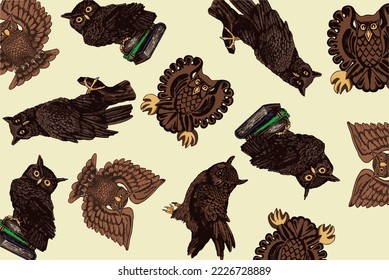 Vector color pattern with owls, stylish birds cover for fabric, postcards, wallpapers,graphical vector illustration. Animals background design	