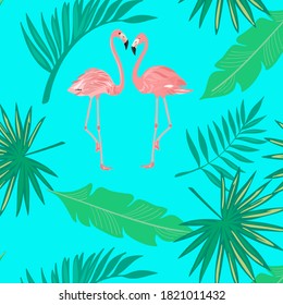 Vector color pattern pink flamingos and tropics