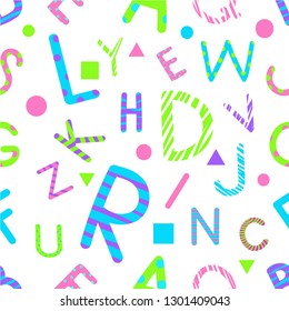 Vector color Pattern using English alphabet, isolated children's letters on a white background. Can be used for textiles, covers, wallpapers, prints.