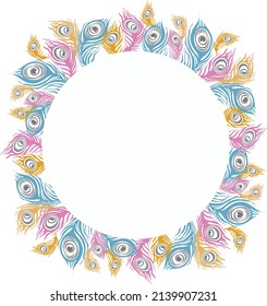 Vector color peacock feathers frame on a white background