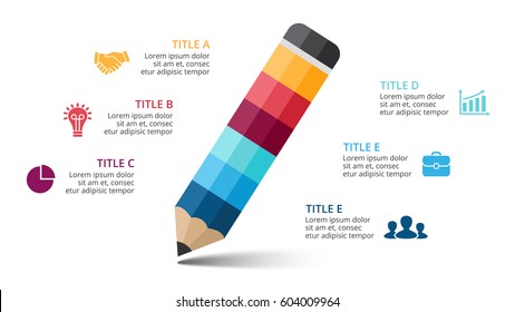 Vector color pencil infographic, education diagram, knowledge chart, learn study graph presentation. Business write concept with 6 options, parts, steps, processes. 16x9 infographics slide template.