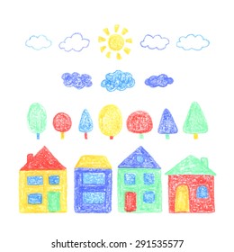 Vector color pencil set of houses. Hand drawn homes, trees, clouds and sun. Yellow, red, blue and green colors.