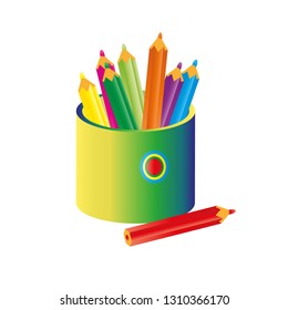 Vector color pencils in the box for children drawing, art supplies on white background