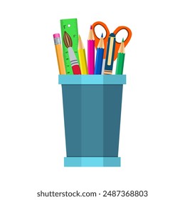 Vector color pencils in cup illustration office supply design. vector illustration in flat design