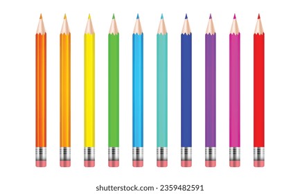 Vector color pencils with erasers. illustration.