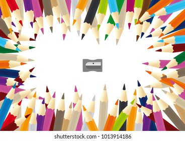 Vector color pencils scattered forming a frame with sharpener
