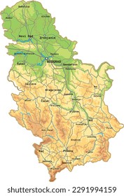 Vector color physical map of Serbia. The territory of a European state with large cities, borders of regions
 and roads, rivers, mountains.
