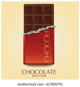 Vector color picture with chocolate image in red wrapper with an inscription on a light background