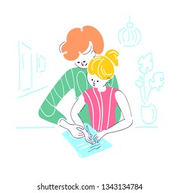 Vector color picture. Home schooling. Family in room. Little girl and mother together. Focus on homework. Process study. Art flat hand drawn illustration on white background. Simple design