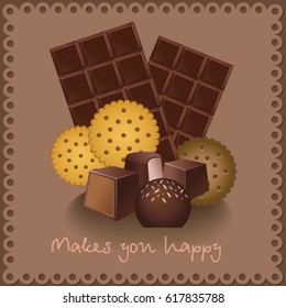 Vector color picture with the image of a dessert: chocolate, cookies, sweets - on a beige background