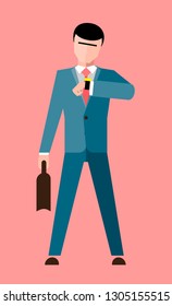 vector color picture of a man with a briefcase stands and looking at his watch