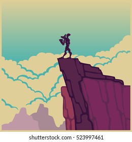 Vector color picture saxophonist on a rock in the clouds. Jazz sax cliff.