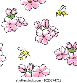 vector color pink apple flower and bee seamless pattern