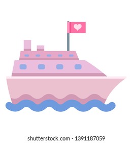 Vector Color Pink Flat Cruise Ship Icon with Love Flag