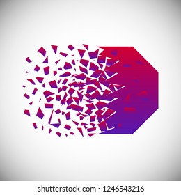 Vector of color polygon destruction shapes with debris isolated on vignette background. Explosion cloud of gradient geometric pieces. Abstract illustration.