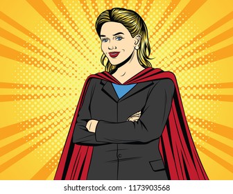 Vector color pop art comic style illustration of a business woman in a super hero costume. Beautiful blonde in an office suit with arms crossed on her chest. Vintage poster of a successful woman