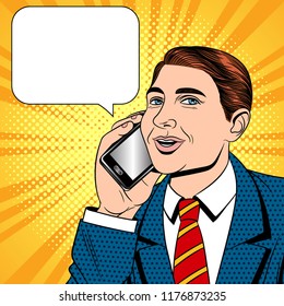 Vector color pop art comic style illustration of a young man talking on a cell phone. Businessman with phone in hand. The seller is talking on the mobile phone. An office worker is talking by phone