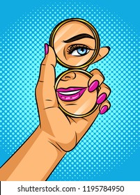 Vector color pop art comic style illustration of a girl looks in a mirror. A woman's face is reflected in a round pocket mirror. Beautiful girl admires her reflection. A Womans hand with mirror