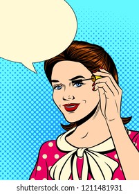 Vector color pop art comic style illustration of a girl doing makeup. Beautiful girl makes eye makeup with mascara. Retro style poster of a girl holding a brush from the carcass in her hand.